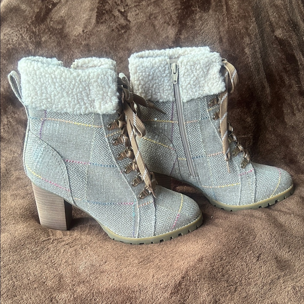 Sequence Plaid Tweed Fur Boots